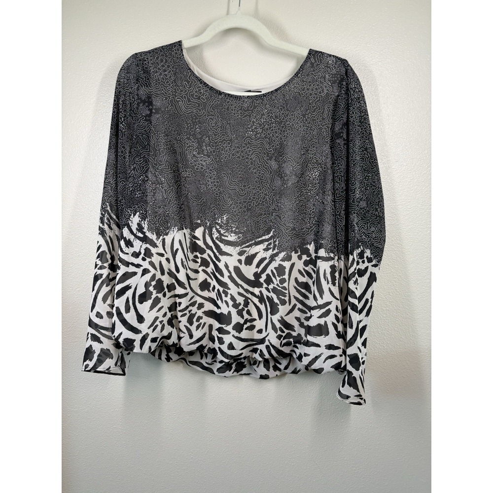 Alfani Animal Print Black Beige  Elastic Bubble Trim Top Dressy Sheer Medium
